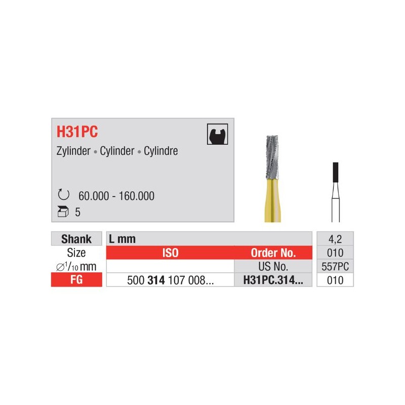 Fraise carbure de tungstène PowerCut cylindrique H31PC.314.010 Edenta